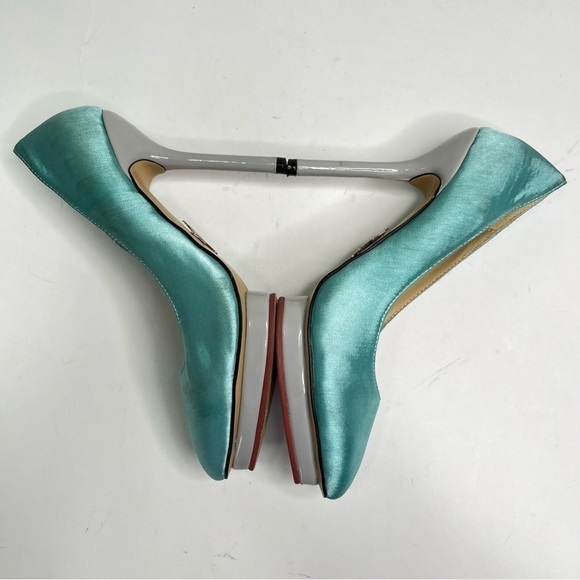 CHARLOTTE OLYMPIA Teal Aquamarine Satin Pointed-Toe Platform Grey Pumps Heels - Picture 5 of 12